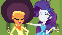 Size: 1280x720 | Tagged: safe, edit, edited screencap, editor:ktd1993, screencap, rarity, saffron masala, best trends forever, best trends forever: pinkie pie, equestria girls, g4, my little pony equestria girls: better together, afro, equestria girls-ified, female, geode of shielding, lesbian, magical geodes, raffron, shipping