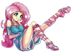 Size: 1500x1100 | Tagged: safe, artist:rockset, fluttershy, equestria girls, equestria girls series, g4, adorasexy, beautiful, beautisexy, breasts, clothes, cute, dress, feet, female, fluttershy boho dress, geode of fauna, legs, looking at you, magical geodes, sandals, schrödinger's pantsu, sexy, shyabetes, simple background, smiling, solo, white background