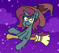 Size: 1000x900 | Tagged: safe, artist:threetwotwo32232, oc, oc only, pony, unicorn, broom, female, flying, flying broomstick, mare, night, solo, stars, tongue out, witch