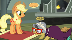 Size: 1152x648 | Tagged: safe, edit, edited screencap, editor:korora, screencap, a.k. yearling, applejack, daring do, daring don't, g1, g4, applejack's hat, clothes, cowboy hat, cropped, dialogue, dress, fireplace, g1 to g4, generation leap, glasses, hat, implied ahuizotl, speech bubble