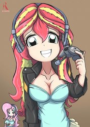 Size: 2067x2923 | Tagged: safe, artist:ryured, fluttershy, sunset shimmer, equestria girls, g4, game stream, my little pony equestria girls: better together, big breasts, breasts, brown background, busty fluttershy, busty sunset shimmer, cleavage, clothes, controller, female, high res, human coloration, jacket, leather jacket, looking at you, simple background, smiling, solo focus, stupid sexy sunset shimmer