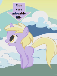 Size: 438x584 | Tagged: safe, edit, edited screencap, editor:korora, screencap, dinky hooves, pony, unicorn, g4, winter wrap up, arrow, blank flank, captain obvious, cropped, cute, dinkabetes, excited, female, filly, happy, looking up, open mouth, pronking, smiling, snow, solo, text