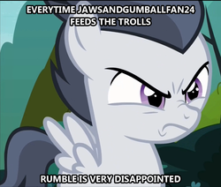 Size: 876x742 | Tagged: safe, edit, edited screencap, screencap, rumble, pegasus, pony, g4, marks and recreation, angry, colt, cropped, disappointed, jawsandgumballfan24, male, op is a duck, op is trying to start shit, text, unamused