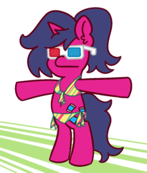 Size: 850x1000 | Tagged: safe, artist:threetwotwo32232, oc, oc only, oc:fizzy pop, pony, unicorn, 3d glasses, belly button, bikini, clothes, female, mare, midriff, swimsuit, t pose