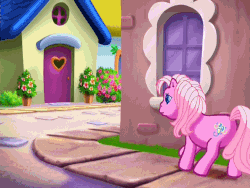 Size: 720x540 | Tagged: safe, screencap, pinkie pie (g3), puzzlemint, earth pony, pony, a very pony place, g3, positively pink, animated, cute, duo, female, g3 diapinkes, gif, mare, oops, ouch, outdoors, ponyville (g3), puzzlebetes