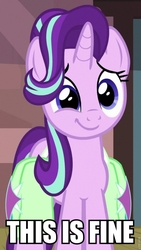 Size: 540x960 | Tagged: safe, edit, edited screencap, screencap, starlight glimmer, pony, unicorn, all bottled up, g4, caption, cropped, female, image macro, mare, saddle bag, solo, text, this is fine