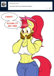 Size: 1280x1773 | Tagged: safe, artist:matchstickman, apple bloom, earth pony, anthro, matchstickman's apple brawn series, tumblr:where the apple blossoms, g4, abs, apple bloom's bow, apple brawn, biceps, blushing, bow, breasts, busty apple bloom, clothes, deltoids, dialogue, female, fingerless gloves, gloves, hair bow, jeans, mare, midriff, muscles, older, older apple bloom, pants, shirt, simple background, solo, speech bubble, tumblr comic, white background