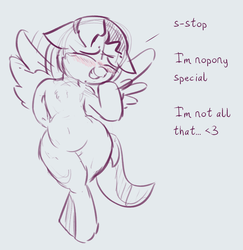 Size: 918x946 | Tagged: safe, artist:comfyplum, oc, oc only, oc:comfy plum, pegasus, pony, arm behind back, belly, belly button, bipedal, blushing, crossed legs, cute, dialogue, eyes closed, female, flattered, hips, mare, sketch, smiling, wide hips
