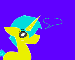 Size: 1074x854 | Tagged: safe, artist:dazzlingmimi, oc, oc only, oc:assassin, oc:old assassin, pony, unicorn, tumblr:the sun has inverted, blue background, brighter coat, brighter hair, color change, corrupted, indigo background, inverted, inverted colors, lighter coat, lighter hair, male, possessed, possession, purple background, sidemouth, simple background, sky blue hair, solo, speech bubble, tumblr, unicorn oc, violet background, wide eyes, word bubble, yellow coat