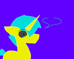 Size: 1074x854 | Tagged: safe, artist:dazzlingmimi, oc, oc only, oc:assassin, oc:old assassin, pony, unicorn, tumblr:the sun has inverted, ..., 8l, 8|, blue background, brighter coat, brighter hair, color change, corrupted, indigo background, inverted, inverted colors, lighter coat, lighter hair, male, possessed, possession, purple background, red eye, sidemouth, simple background, sky blue hair, solo, speech bubble, tumblr, unicorn oc, violet background, wide eyes, word bubble, yellow coat