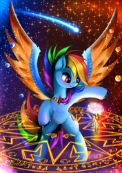 Size: 4250x6000 | Tagged: safe, artist:darksly, rainbow dash, pegasus, pony, g4, absurd resolution, alternate hairstyle, colored wings, cutie mark, element of loyalty, female, magic, magic circle, mare, smiling, solo, spread wings, stars, two toned wings, wings
