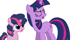 Size: 1280x720 | Tagged: safe, artist:xstormi, twilight sparkle, pony, unicorn, g4, female, magical lesbian spawn, mother and daughter, offspring, parent:pinkie pie, parent:twilight sparkle, parents:twinkie, unicorn twilight