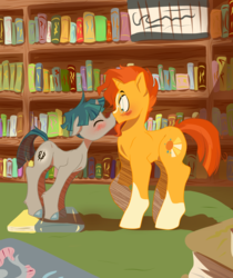 Size: 3024x3600 | Tagged: safe, artist:heyerika, stygian, sunburst, pony, unicorn, g4, backwards cutie mark, beard, blaze (coat marking), blushing, book, bookshelf, boop, coat markings, colored hooves, crack shipping, cute, embarrassed, everyone is gay for sunburst, eyes closed, facial hair, facial markings, featured image, floppy ears, gay, glasses, high res, horn, kiss on the lips, kissing, leg fluff, library, male, noseboop, raised hoof, shipping, shrunken pupils, size difference, socks (coat markings), stallion, standing on books, styburst, stygian's cutie mark, stygianbetes, sunbetes, surprise kiss, surprised, sweet dreams fuel, wide eyes