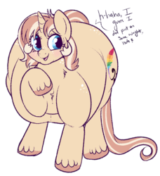 Size: 686x751 | Tagged: safe, artist:lulubell, oc, oc only, oc:lulubell, pony, unicorn, blushing, embarrassed, fat, freckles, implied weight gain, morbidly obese, obese, solo