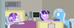 Size: 2338x887 | Tagged: safe, anonymous artist, starlight glimmer, trixie, twilight sparkle, alicorn, pony, unicorn, g4, bed, blank eyes, caption this, clipboard, female, heart monitor, hospital bed, hospital room, lineless, mare, no mouth, starlight glimmer is not amused, trio, twilight sparkle (alicorn), twilight sparkle is not amused, unamused