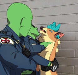 Size: 823x795 | Tagged: safe, artist:kasusei, velvet (tfh), oc, oc:anon, deer, human, reindeer, them's fightin' herds, anonymous, chest fluff, community related, context is for the weak, female, open mouth, police, police brutality, police officer, police uniform, ponified animal photo, resident evil, strangling, surrender, umbrella corporation, wat