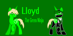 Size: 1317x658 | Tagged: safe, artist:ced145, pony, green background, green text, lego, lego ninjago, lloyd garmadon, ponified, simple background, solo, text, the lego ninjago movie