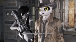 Size: 1920x1080 | Tagged: safe, artist:defector, oc, oc:padi, unicorn, anthro, 3d, fallout, fallout 4, hat, horn, nick valentine, pipboy, rocket launcher, synth