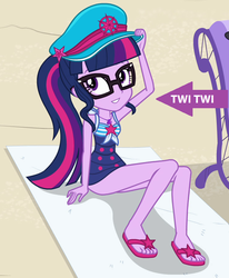 Size: 739x897 | Tagged: safe, edit, edited edit, edited screencap, screencap, sci-twi, twilight sparkle, equestria girls, equestria girls series, forgotten friendship, g4, adorasexy, arrow, ass, beach, beach babe, butt, captain obvious, clothes, cropped, cute, feet, female, flip-flops, grin, looking up, one-piece swimsuit, sandals, schrödinger's pantsu, sexy, sitting, smiling, solo, swimsuit, towel, twi, twiabetes
