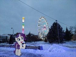Size: 5184x3880 | Tagged: safe, artist:albertuha, rarity, pony, unicorn, g4, amusement park, female, ferris wheel, irl, mare, photo, ponies in real life, smiling, snow, solo, winter