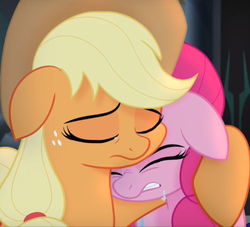 Size: 632x574 | Tagged: safe, screencap, applejack, pinkie pie, pony, g4, my little pony: the movie, applejack's hat, cowboy hat, cropped, crying, crying on the outside, duo, duo female, eyes closed, female, floppy ears, hat, hug, sad