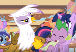 Size: 520x354 | Tagged: safe, screencap, gilda, merry may, minuette, spike, twilight sparkle, griffon, g4, griffon the brush off, spikeabuse
