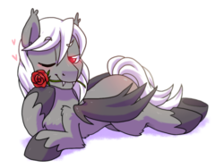 Size: 1000x750 | Tagged: safe, artist:paperbagpony, derpibooru exclusive, oc, oc:dracula, bat pony, pony, vampire, bat pony oc, butt blush, flower, flower in mouth, heart, male, mouth hold, red eyes, rose, rose in mouth, simple background, stallion, white background