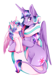 Size: 2119x3009 | Tagged: safe, artist:mailner, princess flurry heart, twilight sparkle, alicorn, lamia, original species, snake pony, g4, aunt and niece, belly button, best aunt ever, child, coils, cute, fangs, forced smile, forked tongue, grin, high res, hind legs, hooves, lamiafied, legs together, leonine tail, ophidiophobia, redesign, scared, slit pupils, smiling, snake eyes, species swap, spell gone wrong, tongue out, twilight sparkle (alicorn), unshorn fetlocks