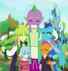 Size: 1691x1776 | Tagged: safe, artist:fantasygerard2000, ocellus, pharynx, princess ember, smolder, spike, thorax, changedling, changeling, dragon, humanoid, anthro, g4, adult, adult spike, anthro dragon, bandage, bisexual, cape, changedling brothers, changeling kingdom, clothes, dragon lord ember, family photo, female, gay, headcanon, hoodie, horns, interspecies, king thorax, king thorax the fabulous, male, older, older spike, polyamory, prince pharynx, ship:emberspike, ship:embrax, ship:spembrax, ship:spirax, shipping, straight, sweater, winged spike, wings