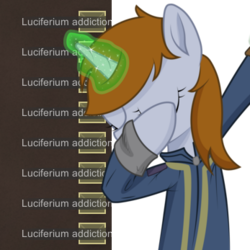 Size: 347x347 | Tagged: safe, artist:brisineo, artist:warking76, edit, oc, oc only, oc:littlepip, pony, unicorn, fallout equestria, addiction, clothes, dab, drug use, eyes closed, fallout, fanfic, fanfic art, female, glowing horn, hooves, horn, jumpsuit, magic, mare, no source available, pipbuck, rimworld, solo, vault suit