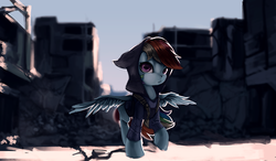 Size: 2662x1555 | Tagged: safe, artist:theprince, rainbow dash, pegasus, pony, g4, clothes, female, hoodie, mare, raised hoof, solo, spread wings, wings