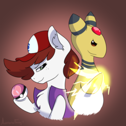 Size: 3000x3000 | Tagged: safe, artist:aurorafang, oc, oc only, oc:graph travel, ampharos, pegasus, pony, clothes, duo, electricity, freckles, hat, high res, poké ball, pokémon, simple background, smiling, smirk, vest