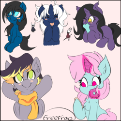 Size: 1500x1500 | Tagged: safe, artist:freefraq, oc, oc only, oc:aero, oc:blue pone, oc:lapiz, oc:rivibaes, oc:scoops, earth pony, pegasus, pony, unicorn, blush sticker, blushing, clothes, cute, donut, food, hollow knight, hornet (hollow knight), magic, no pupils, offspring, parent:derpy hooves, parent:oc:warden, parents:canon x oc, parents:warderp, scarf, telekinesis, tongue out