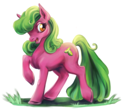 Size: 782x705 | Tagged: safe, artist:brewrisque, oc, oc only, oc:sweet'n sour, earth pony, pony, female, grass, mare, open mouth, raised hoof, simple background, white background