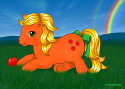 Size: 800x570 | Tagged: safe, artist:moogleymog, applejack (g1), earth pony, pony, g1, apple, bow, cute, female, food, g1 jackabetes, grass field, jackabetes, lying down, rainbow, solo, tail bow