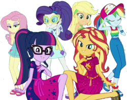 Size: 2048x1610 | Tagged: dead source, safe, artist:php77, edit, edited screencap, editor:php77, screencap, applejack, fluttershy, rainbow dash, rarity, sci-twi, sunset shimmer, twilight sparkle, equestria girls, g4, my little pony equestria girls: better together, baseball cap, cap, clothes, dress, geode of empathy, geode of fauna, geode of shielding, geode of sugar bombs, geode of super speed, geode of super strength, geode of telekinesis, glasses, hat, magical geodes, not a vector, sunglasses