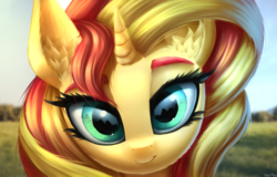 Size: 1920x1227 | Tagged: safe, artist:lightly-san, sunset shimmer, pony, unicorn, g4, bust, cute, ear fluff, female, looking at you, mare, portrait, shimmerbetes, smiling, solo, this will end in kisses