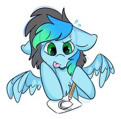 Size: 1398x1372 | Tagged: safe, artist:kiruart, oc, oc only, oc:kiru, pegasus, pony, circle, commission, doodle, drawing, hoof hold, paper, pencil, solo, tongue out