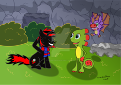 Size: 1024x717 | Tagged: safe, artist:sorasleafeon, oc, oc:shadow sora, chameleon, fruit bat, pony, unicorn, bush, clothes, crossover, eyes closed, eyes open, flying, grass, hand on head, hand on hip, happy, hoof on head, horn, laylee, rock, scarf, sitting, smiling, standing, wings, yooka, yooka-laylee