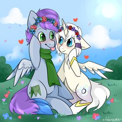 Size: 2000x2000 | Tagged: safe, artist:kiruart, oc, oc only, oc:glamis, oc:raincloud drizzle, alicorn, pegasus, pony, alicorn oc, commission, female, floral head wreath, flower, heart, high res, male, solo, straight, tongue out