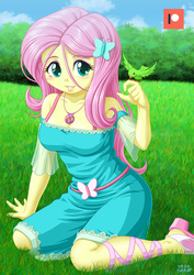 Size: 707x1000 | Tagged: safe, artist:uotapo, fluttershy, bird, human, equestria girls, equestria girls series, g4, beautiful, breasts, cleavage, clothes, cute, female, fluttershy boho dress, geode of fauna, grass, kneeling, looking at you, magical geodes, patreon, patreon logo, shyabetes, smiling, sweet dreams fuel, uotapo is trying to murder us, uotapo will kill us all
