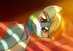 Size: 4066x2854 | Tagged: safe, artist:irisarco, rainbow dash, pegasus, pony, bed, bedroom, cute, dashabetes, female, lidded eyes, looking at you, mare, morning, morning ponies, smiling, solo