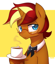 Size: 2056x2400 | Tagged: safe, artist:maren, oc, oc only, oc:city roast, pony, unicorn, coffee, glasses, high res, male, solo, stallion