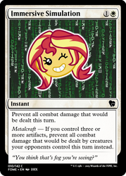 Size: 375x523 | Tagged: safe, edit, sunset shimmer, equestria girls, g4, game stream, my little pony equestria girls: better together, ccg, emoji, magic the gathering, one eye closed, shimmercode, the matrix, trading card, trading card edit, wink, written equestrian