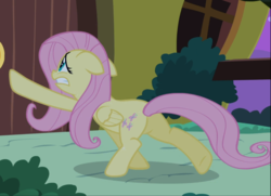 Size: 1289x933 | Tagged: safe, screencap, fluttershy, pegasus, pony, g4, luna eclipsed, cropped, female, floppy ears, mare, raised hoof, reaching, rear view, solo, struggling, teeth