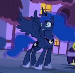 Size: 687x667 | Tagged: safe, screencap, princess luna, alicorn, pony, g4, luna eclipsed, season 2, concave belly, confused, cropped, crown, ethereal mane, female, hoof shoes, jewelry, mare, peytral, regalia, slender, solo, spread wings, starry mane, thin, wings