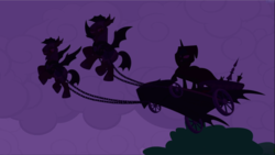 Size: 1668x939 | Tagged: safe, screencap, echo (g4), nocturn, princess luna, bat pony, pony, g4, luna eclipsed, season 2, bat wings, chariot, cloud, cloudy, echo and nocturn, female, mare, royal guard, wings