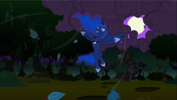 Size: 1669x938 | Tagged: safe, screencap, princess luna, alicorn, pony, g4, luna eclipsed, season 2, cloud, concave belly, ethereal mane, everfree forest, female, flying, mare, moon, pose, slender, solo, spread wings, starry mane, storm, thin, weather control, wind, wings