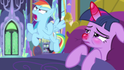 Size: 1280x720 | Tagged: safe, edit, edited screencap, screencap, rainbow dash, twilight sparkle, alicorn, pegasus, pony, ponytaur, taur, ail-icorn, g4, interseason shorts, bed, blushing, dashie mcboing boing, duo, female, horn, lyrebird dash, madorable, mare, red nosed, sicklight sparkle, swollen horn, twilight sparkle (alicorn)