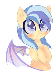 Size: 400x523 | Tagged: safe, artist:sinamuna, oc, oc only, oc:dreaming dawn, bat pony, pony, bat wings, blue hair, blushing, body blush, bust, commission, fangs, looking up, multicolored hair, purple eyes, purple hair, smiling, solo, sparkles, wings, ych result, yellow fur